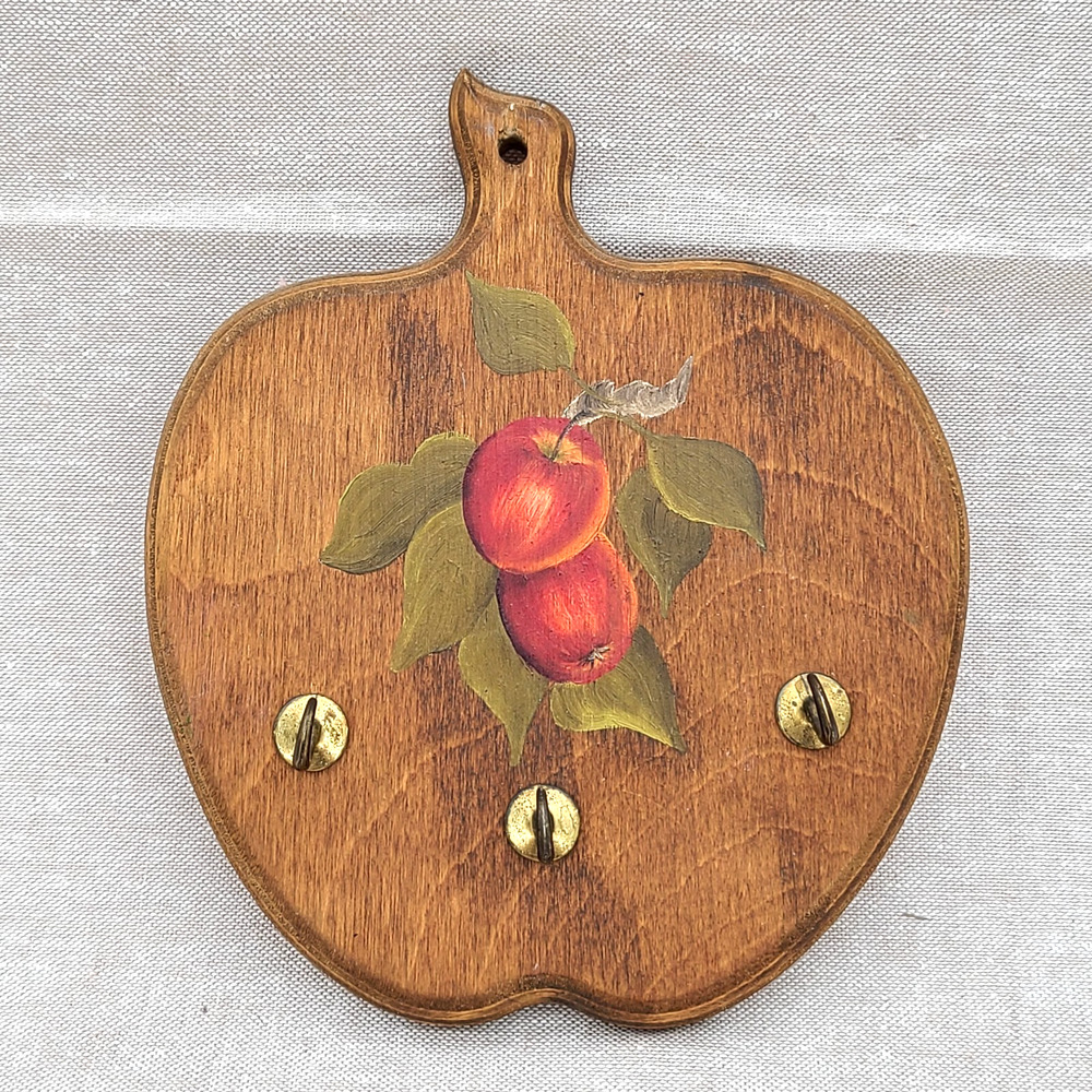 Cottagecore Gallery Wall Accent Piece: Wooden Apple Hand Painted Key Hook VTG